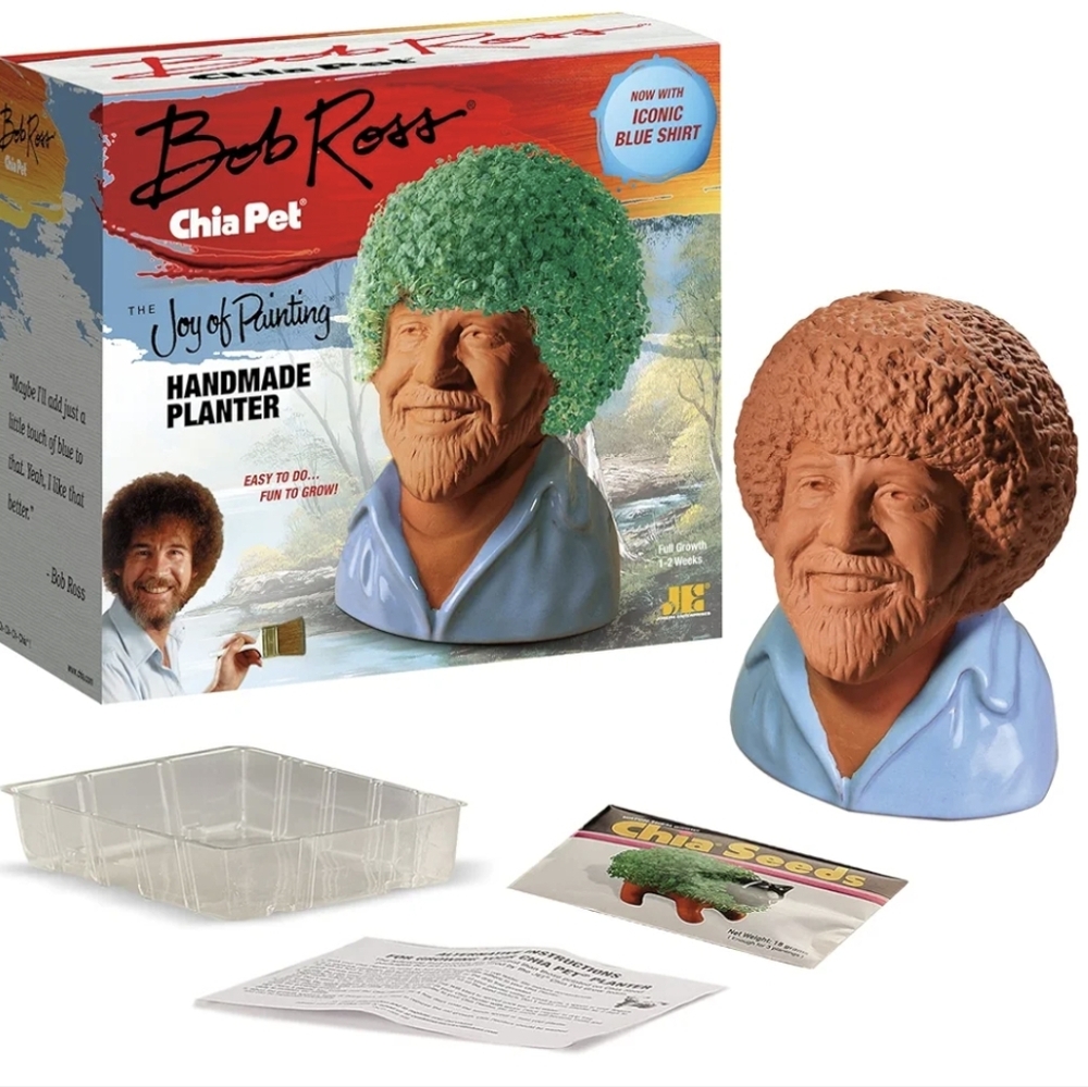 NIB Chia Pet Bob Ross The Joy of Painting Handmade Clay Planter Orange & Blue